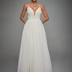 Mgiacy Halter, Chic Ivory Prom Dress with Floral Accents